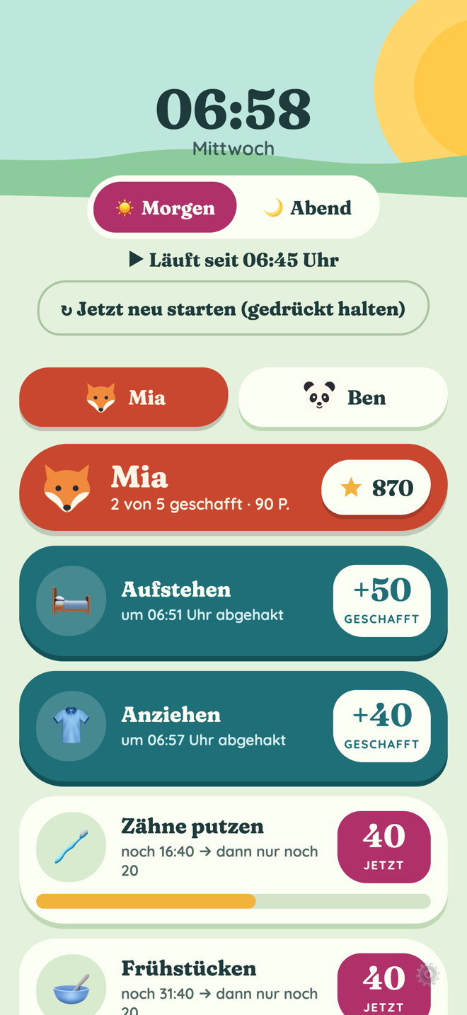 Morgen-Held auf dem iPhone: Mias Morgenroutine mit ablaufenden Punkten